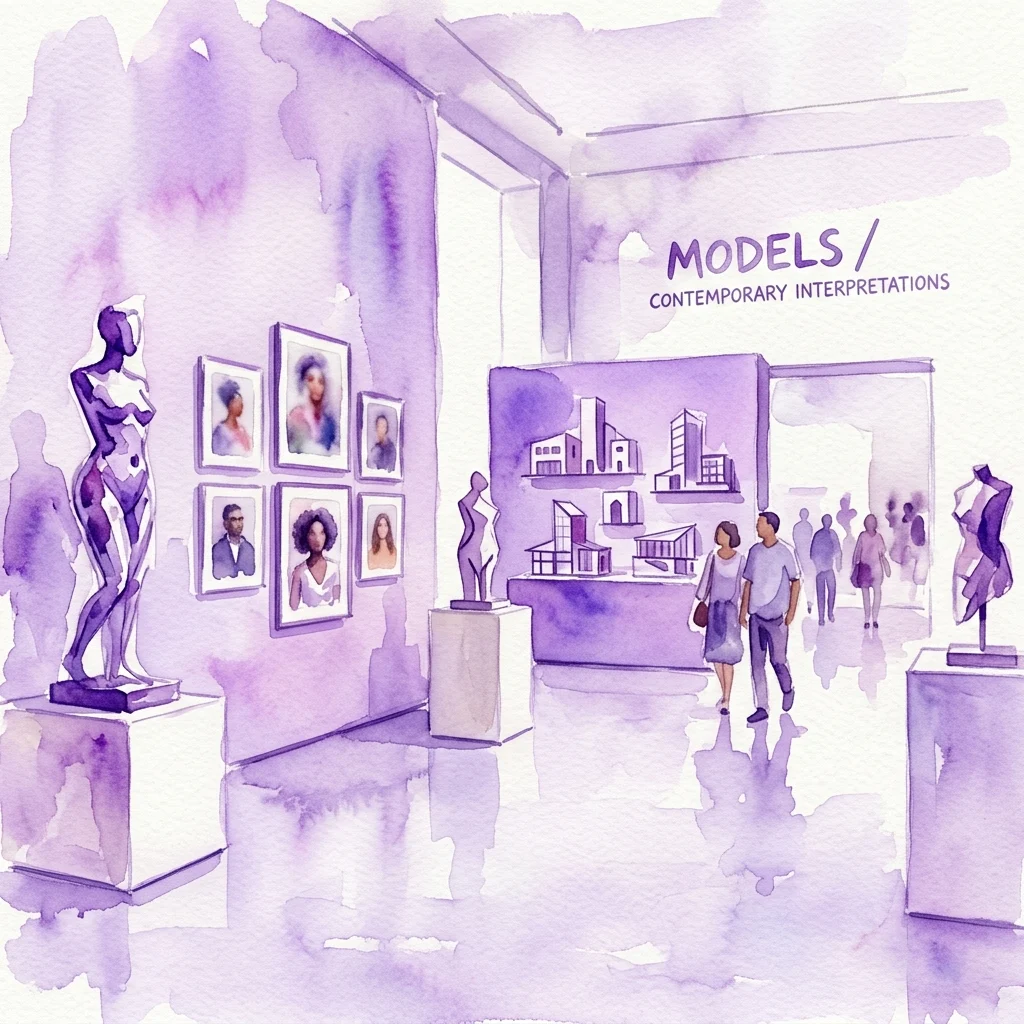 Ilustración en acuarela de una galería de museo que presenta esculturas, retratos y maquetas arquitectónicas bajo el título de la exposición 'MODELS / CONTEMPORARY INTERPRETATIONS' con visitantes observando el arte.