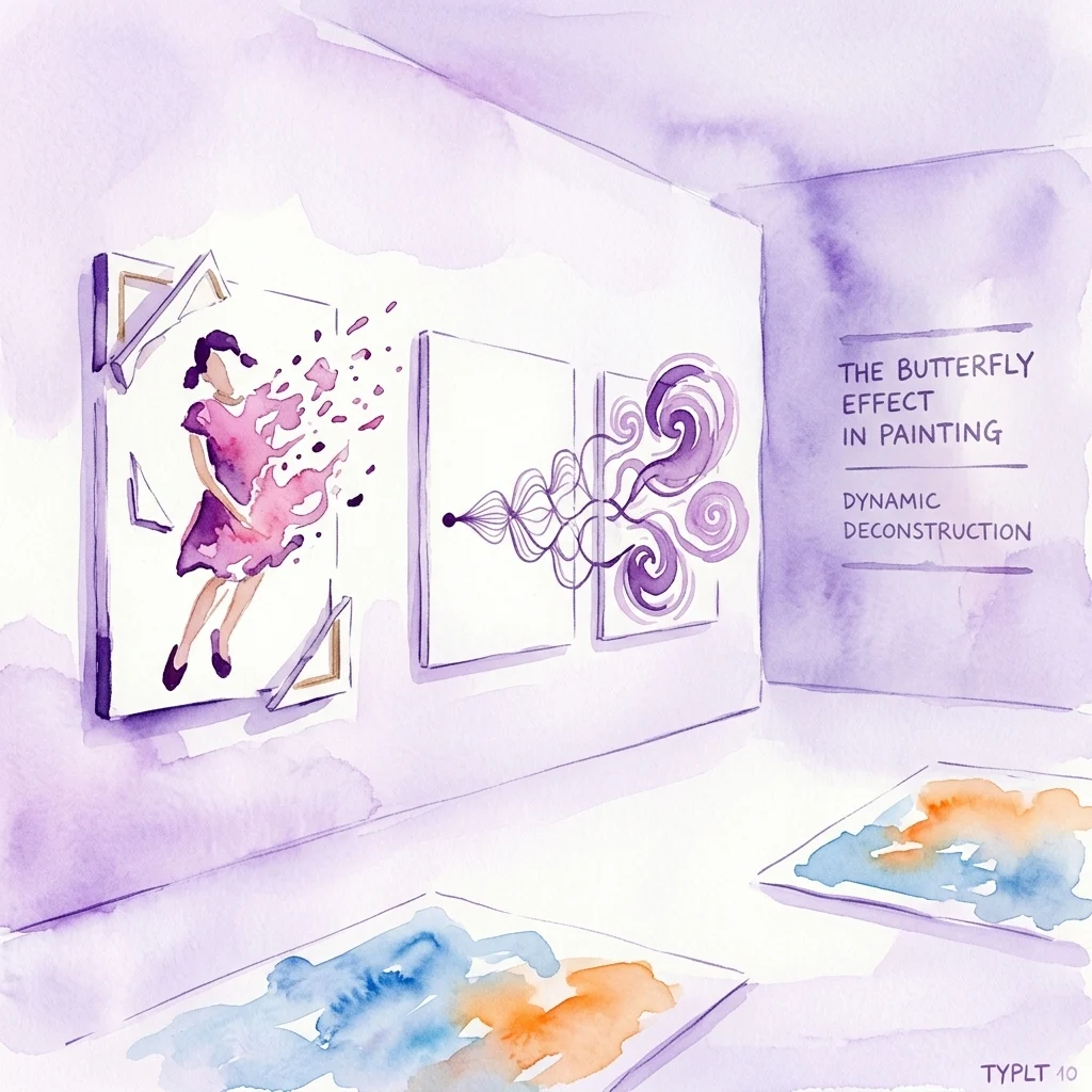 A watercolor illustration of an art gallery exhibition titled 'The Butterfly Effect in Painting: Dynamic Deconstruction,' featuring abstract artworks with fragmented figures and swirling patterns on white walls.