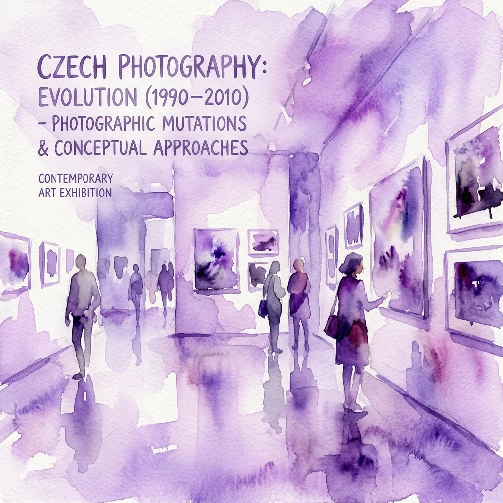 Waterverftekening van een hedendaagse kunstgalerie met bezoekers die foto's bekijken die tentoongesteld worden, ter promotie van de tentoonstelling 'Tsjechische fotografie: Evolutie (1990-2010) - Fotomutaties & Conceptuele benaderingen'.
