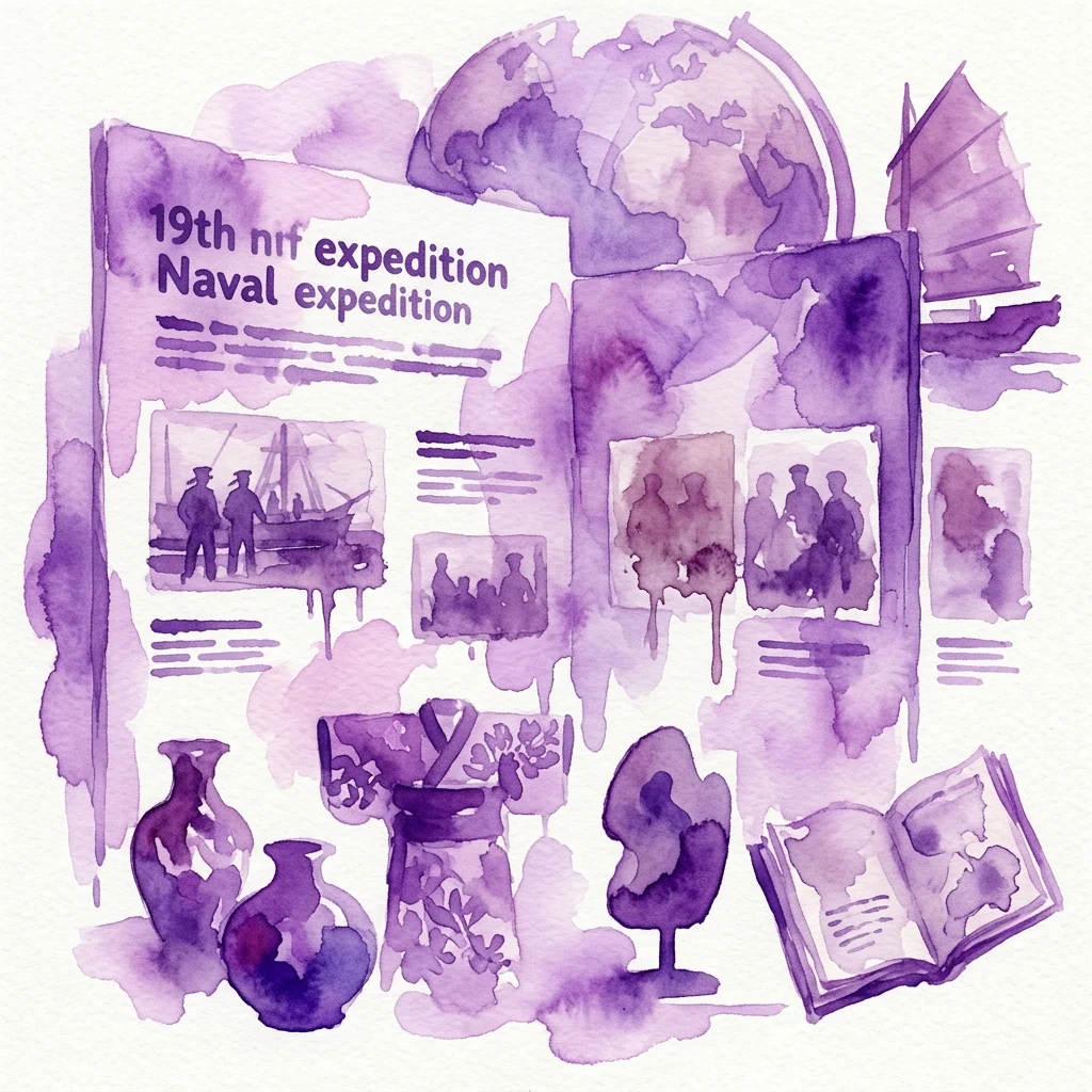 Ilustración en acuarela de una exposición sobre una expedición naval del siglo XIX, que incluye un globo terráqueo, fotografías, jarrones, un kimono y un libro abierto, representando el diario de mar y la colección etnográfica de Erwin Dubský.