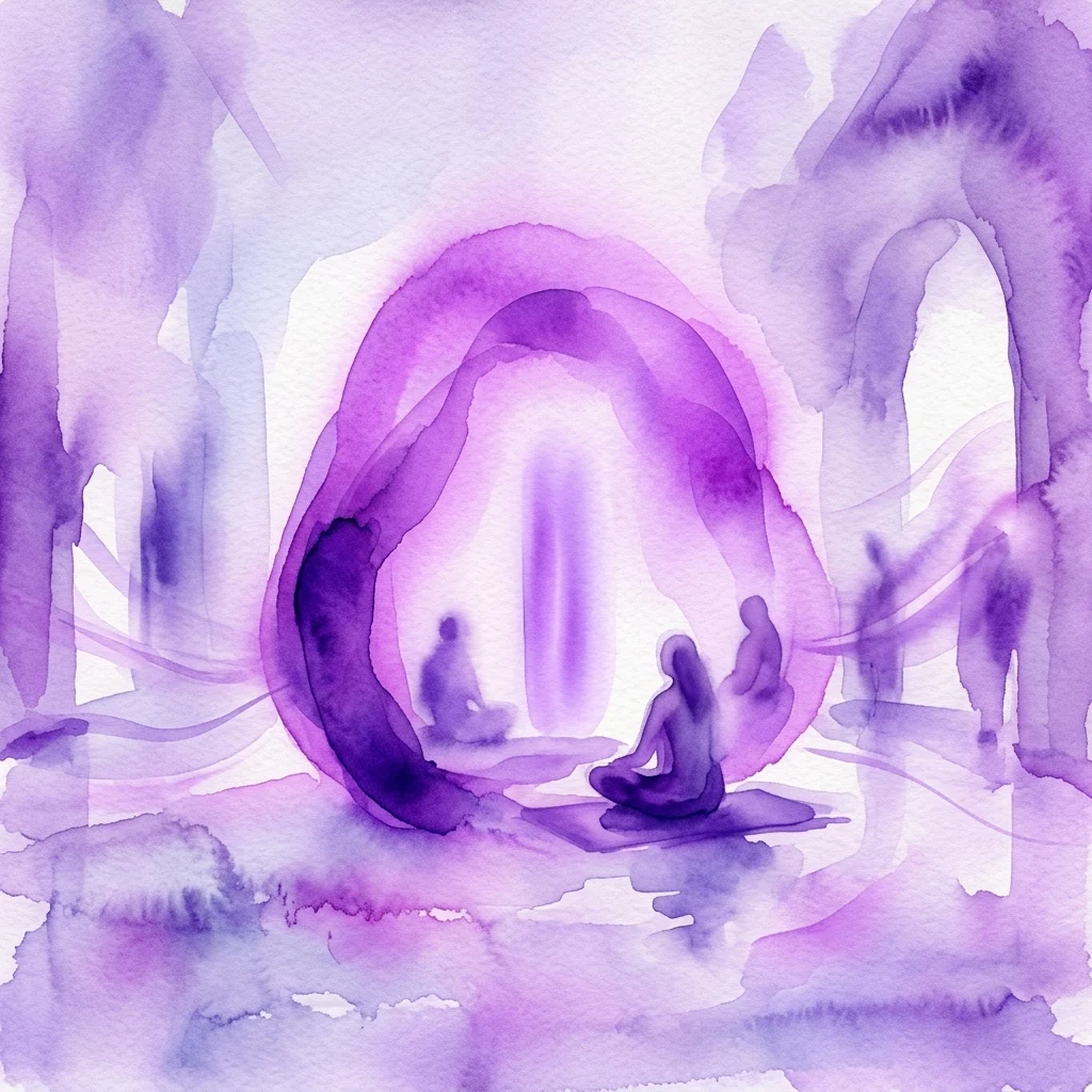 An immersive art installation with purple watercolor tones, featuring silhouettes of people meditating in a circular space, evoking tranquility and contemplation.
