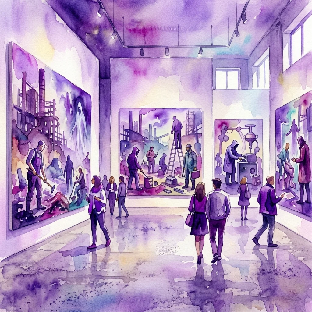 Ilustración en acuarela de una exposición de galería de arte contemporáneo con pinturas figurativas a gran escala con cualidades surrealistas y oníricas, que representan figuras enigmáticas en entornos postindustriales, reflejando el estilo de Neo Rauch.