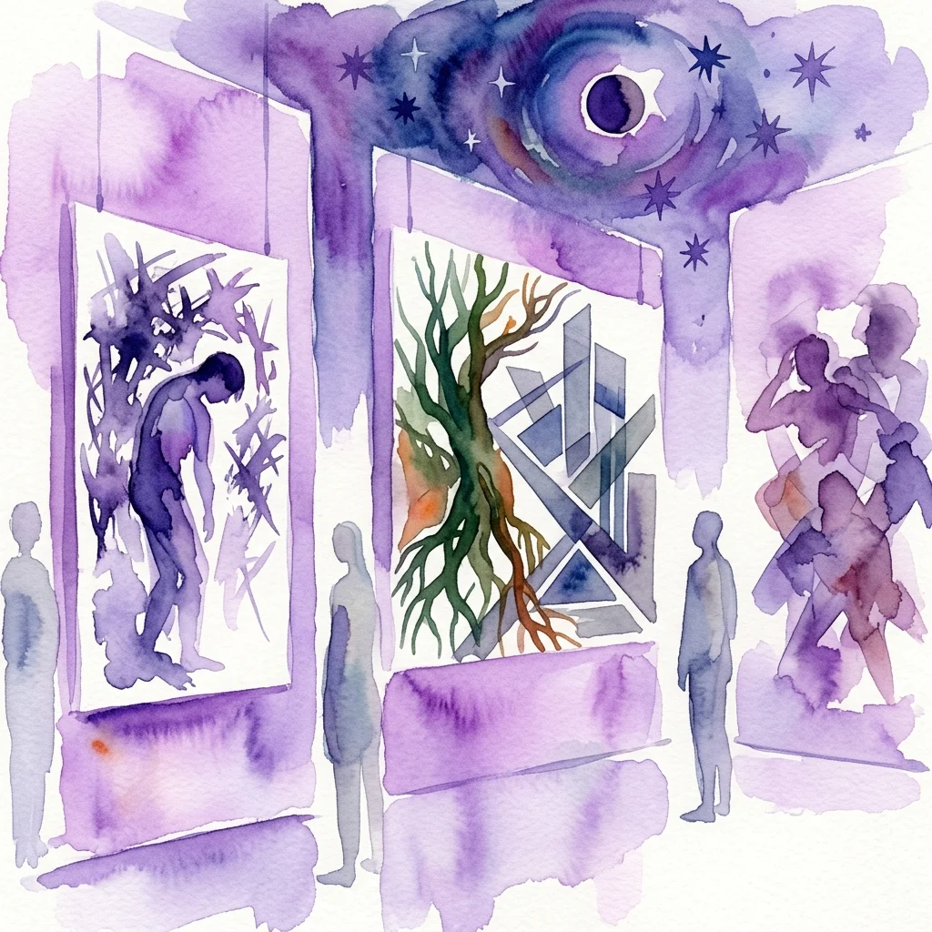 Waterverfillustratie van een galerietentoonstelling met drie schilderijen: een figuur in contemplatie, een boom met wortels en abstracte vormen, allemaal onder een paarse hemel met een hemelse eclips en sterren, die thema's van introspectie en natuur oproepen.