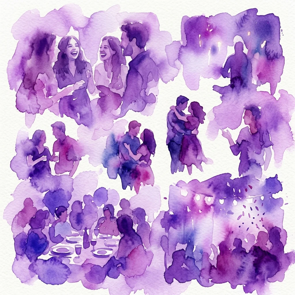 Ilustracja akwarelowa przedstawiająca swobodne spotkania towarzyskie, w tym śmiejące się pary, tańce i wspólne posiłki, ucieleśniająca surową, niepozowaną estetykę 'migawki'.