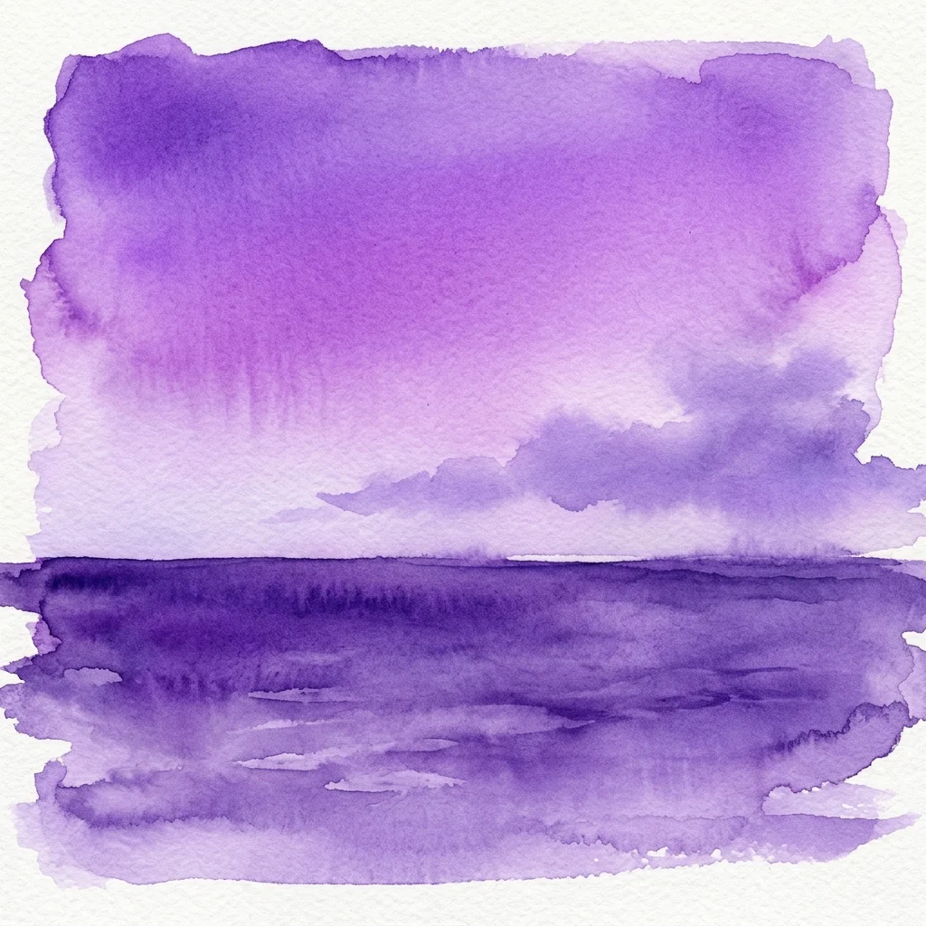 Una acuarela en tonos púrpuras que representa un sereno paisaje marino con un horizonte tranquilo y nubes suaves, evocando una sensación de tranquilidad y contemplación.