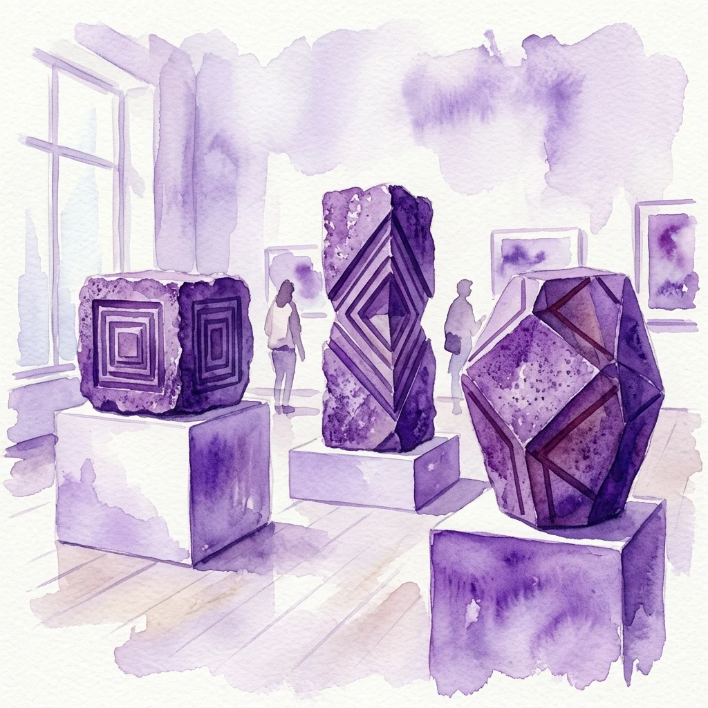 Ilustracja akwarelowa kamiennych rzeźb Pavla Opočenský'ego przedstawiających geometryczne wzory, prezentowana w galerii z odwiedzającymi obserwującymi dzieła sztuki.