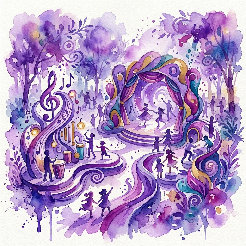 Żywa akwarelowa ilustracja wystawy Petr Nikl 'Nests of Games', przedstawiająca dzieci grające na instrumentach muzycznych i tańczące w kapryśnym, kolorowym otoczeniu z wirującymi fioletowymi i niebieskimi wzorami.