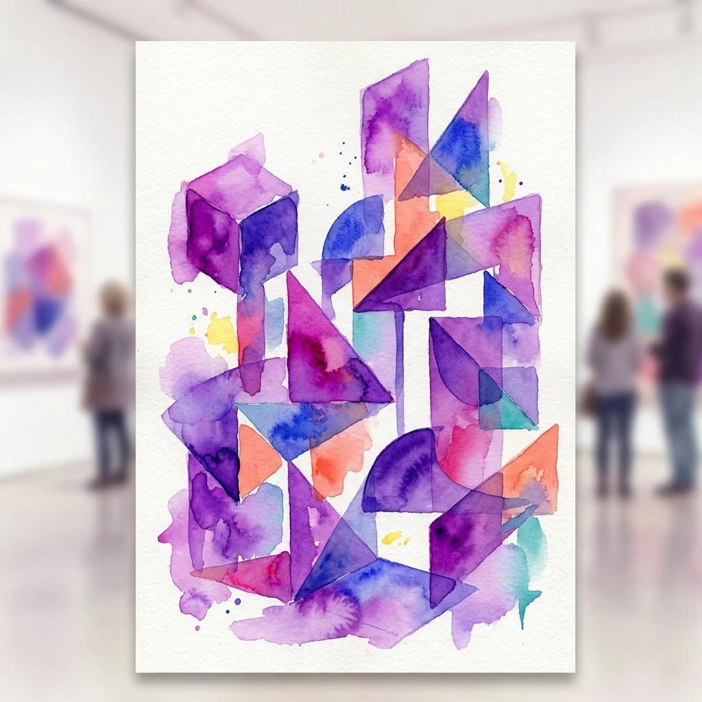 Una obra de arte abstracta en acuarela de Petr Písařík que presenta formas geométricas superpuestas en púrpura, azul y naranja, expuesta en una galería con visitantes al fondo.
