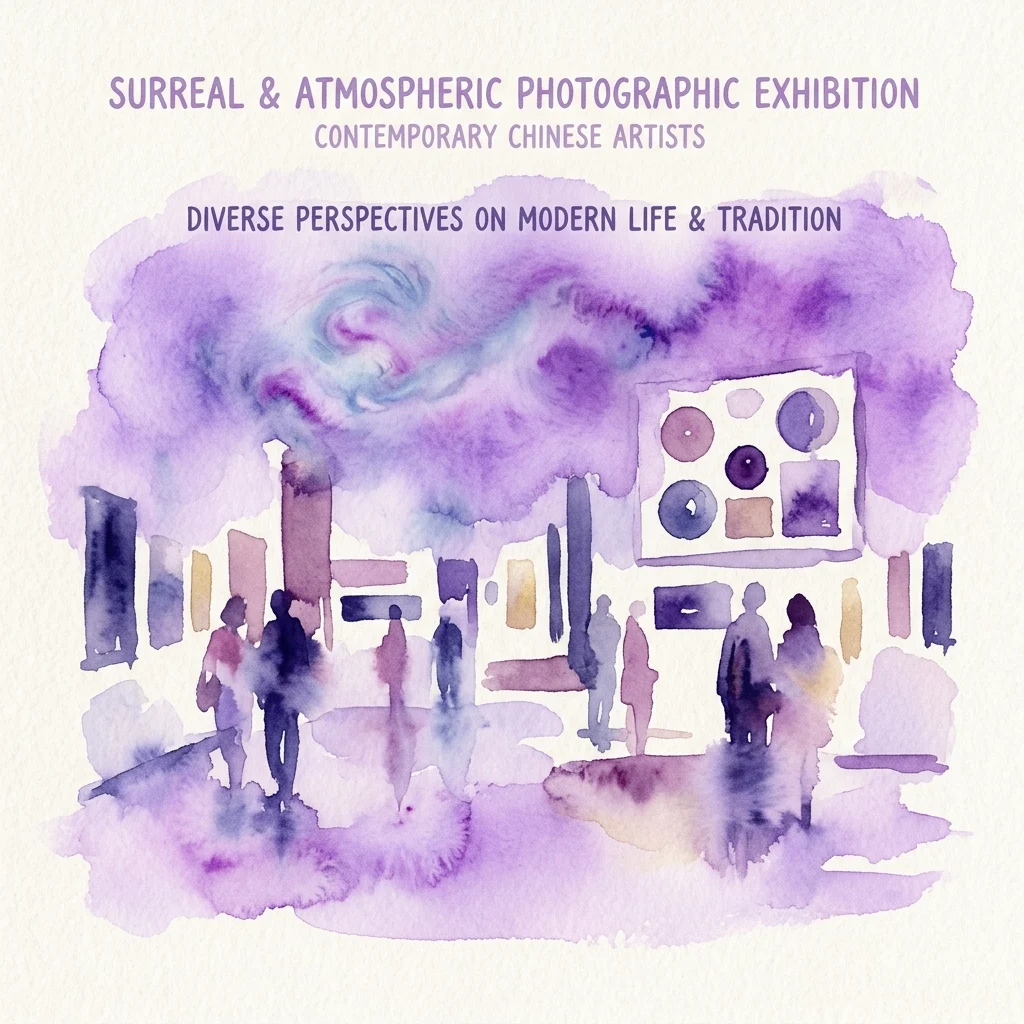 Surrealistische en sfeervolle aquarelillustratie van een fotografietentoonstelling met bezoekers in silhouet die kunstwerken bekijken onder een wervelende paarse lucht, ter promotie van de tentoonstelling 'Podivné nebe' door hedendaagse Chinese kunstenaars.