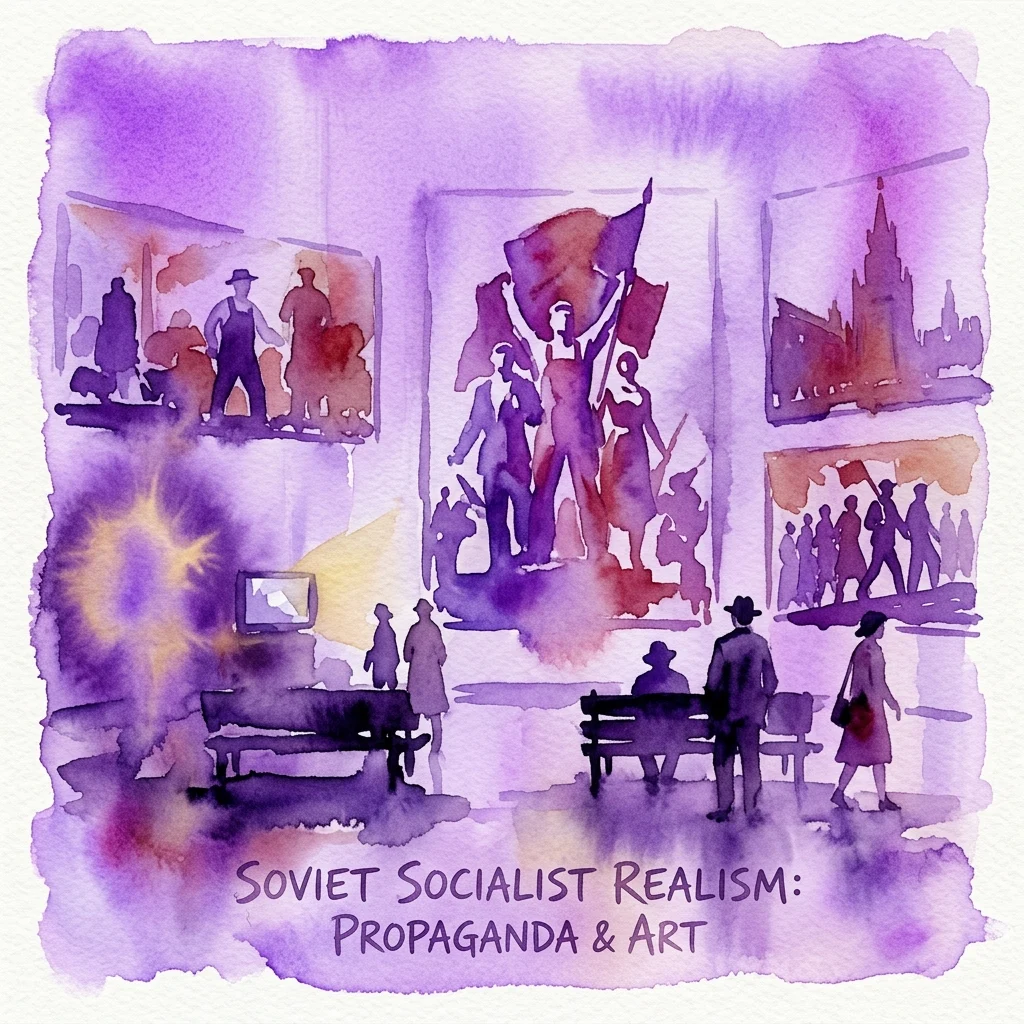 Ilustración en acuarela de un espacio de exposición con siluetas de visitantes observando pinturas de realismo socialista soviético, que incluye arte de propaganda y una pantalla de cine documental.