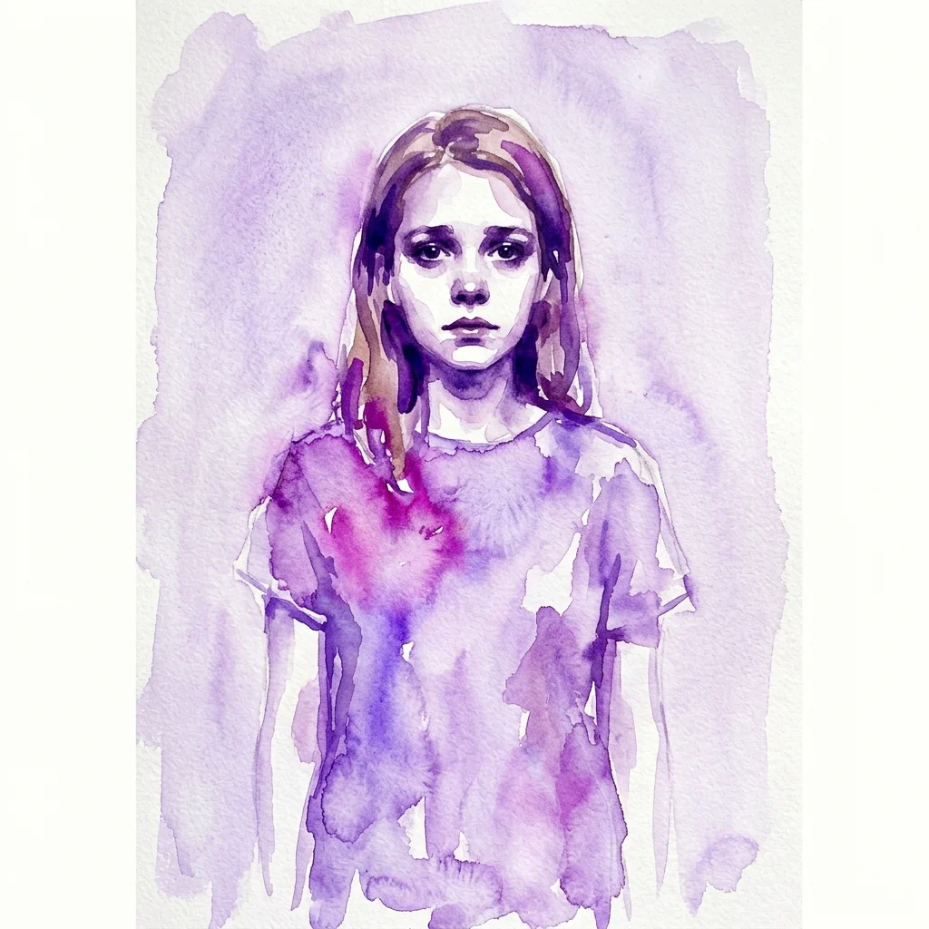 Un retrato en acuarela de una persona joven con una expresión contemplativa, representado en tonos suaves de púrpura y rosa sobre un fondo claro.
