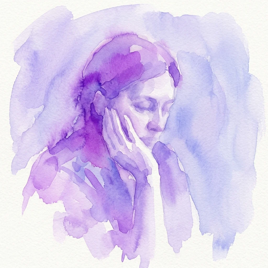 Portret akwarelowy w odcieniach fioletu i błękitu, przedstawiający osobę z zamkniętymi oczami i dłońmi w pobliżu twarzy, budzący refleksję i emocje.