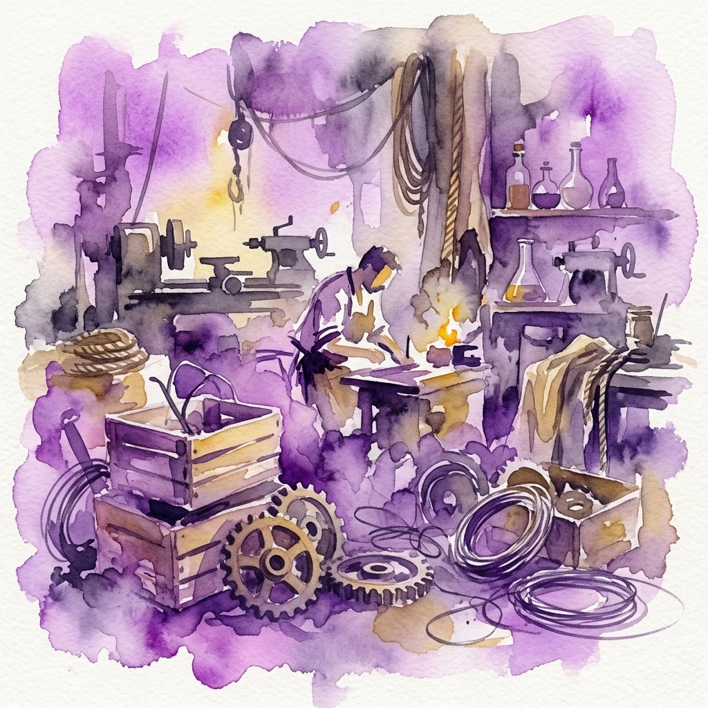 Ilustracja akwarelowa pracowni artysty z przedmiotami przemysłowymi, zębatkami i postacią pracującą w fioletowym, transformującym się otoczeniu.