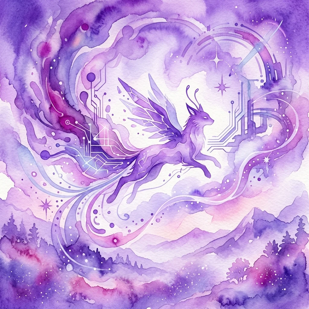 A surreal watercolor artwork featuring a winged, fox-like creature with circuit board patterns, set against a dreamy purple and pink landscape with mountains and stars, evoking themes of mythology and technology.