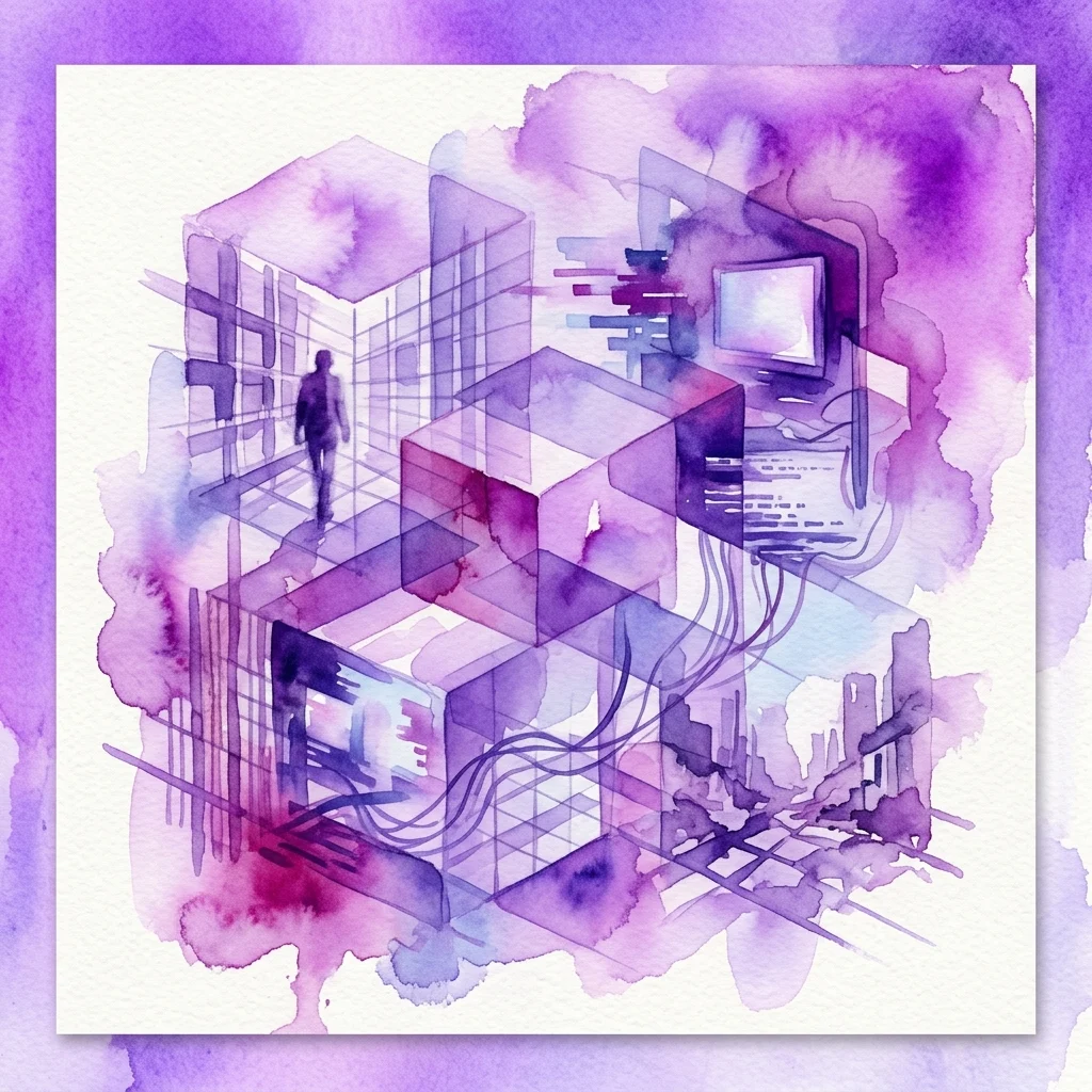 Abstract watercolor artwork in purple and magenta hues depicting a fragmented, layered scene with geometric shapes, a silhouetted figure, and digital elements like a computer monitor, representing the concept of shifting realities.