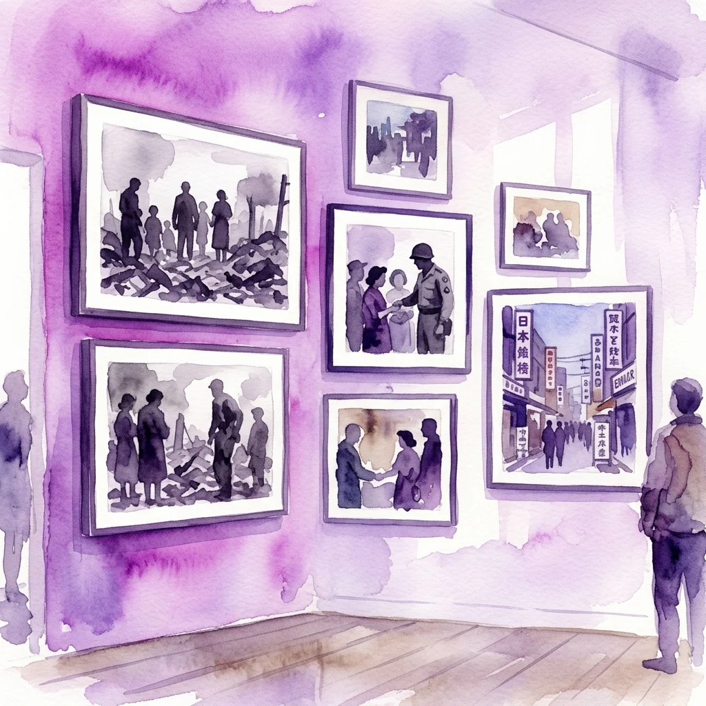 Waterverfillustratie van een kunstgalerie met ingelijste foto's aan een paarse muur, die scènes uit het naoorlogse Japan afbeelden, waaronder de nasleep van de atoombom en de Amerikaanse bezetting, met bezoekers die de tentoonstelling bekijken.