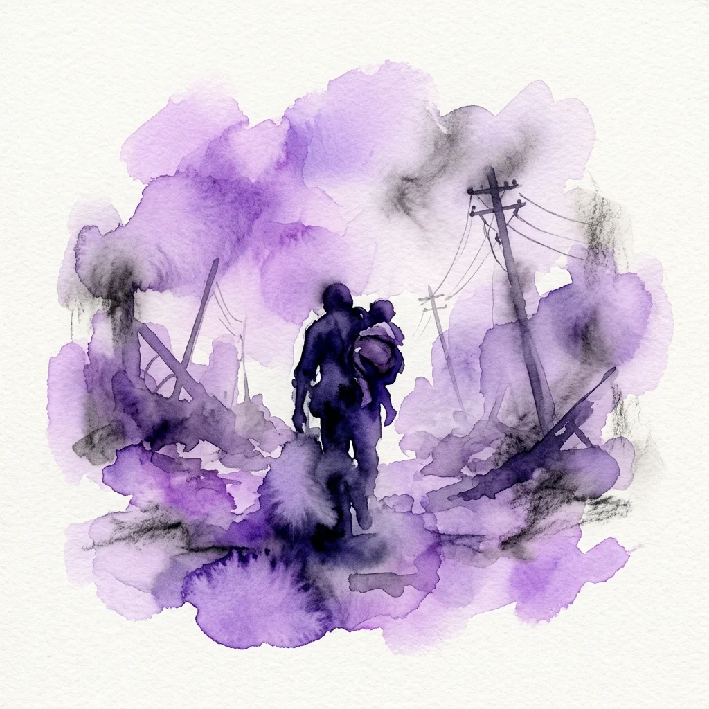 A watercolor artwork depicting a figure carrying a child through a war-torn landscape with purple and black smoke, representing themes from Shomei Tomatsu's photography.