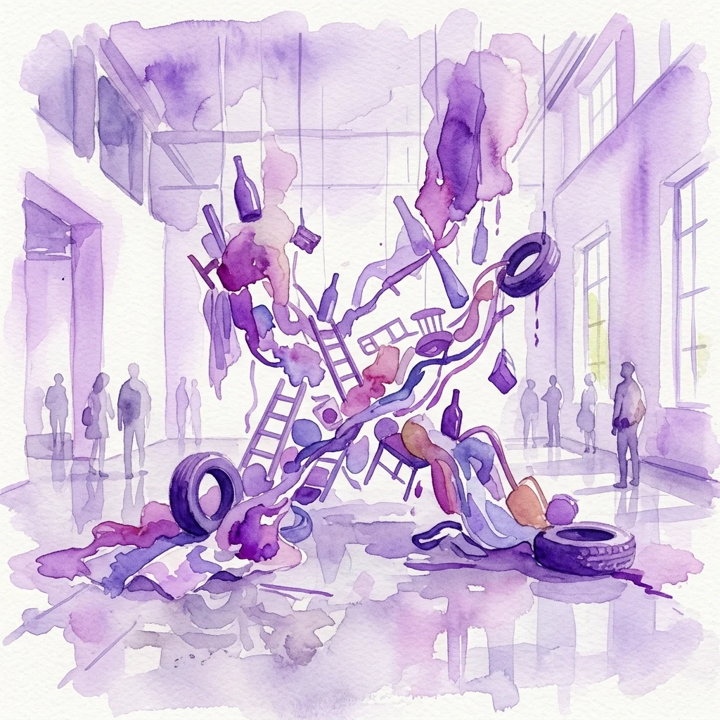 Waterverfillustratie van een hedendaagse kunstinstallatie van František Skála in het Rudolfinum, met opgehangen en verspreide objecten zoals banden, flessen en ladders in een surreële, paars getinte galerie. 