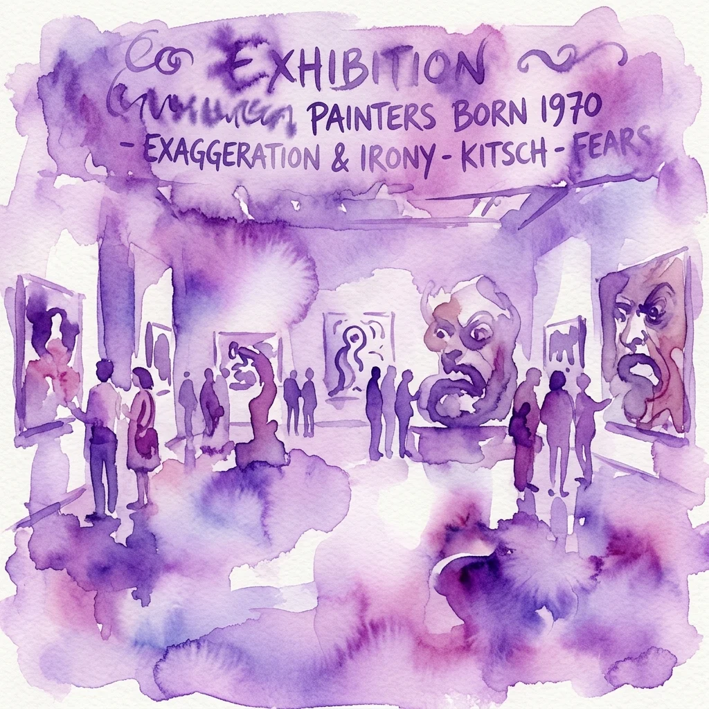 Ilustración en acuarela de una exposición de arte titulada 'Pintores Nacidos en 1970: Exageración & Ironía - Kitsch - Miedos', con visitantes contemplando grandes pinturas y esculturas en un espacio de galería.