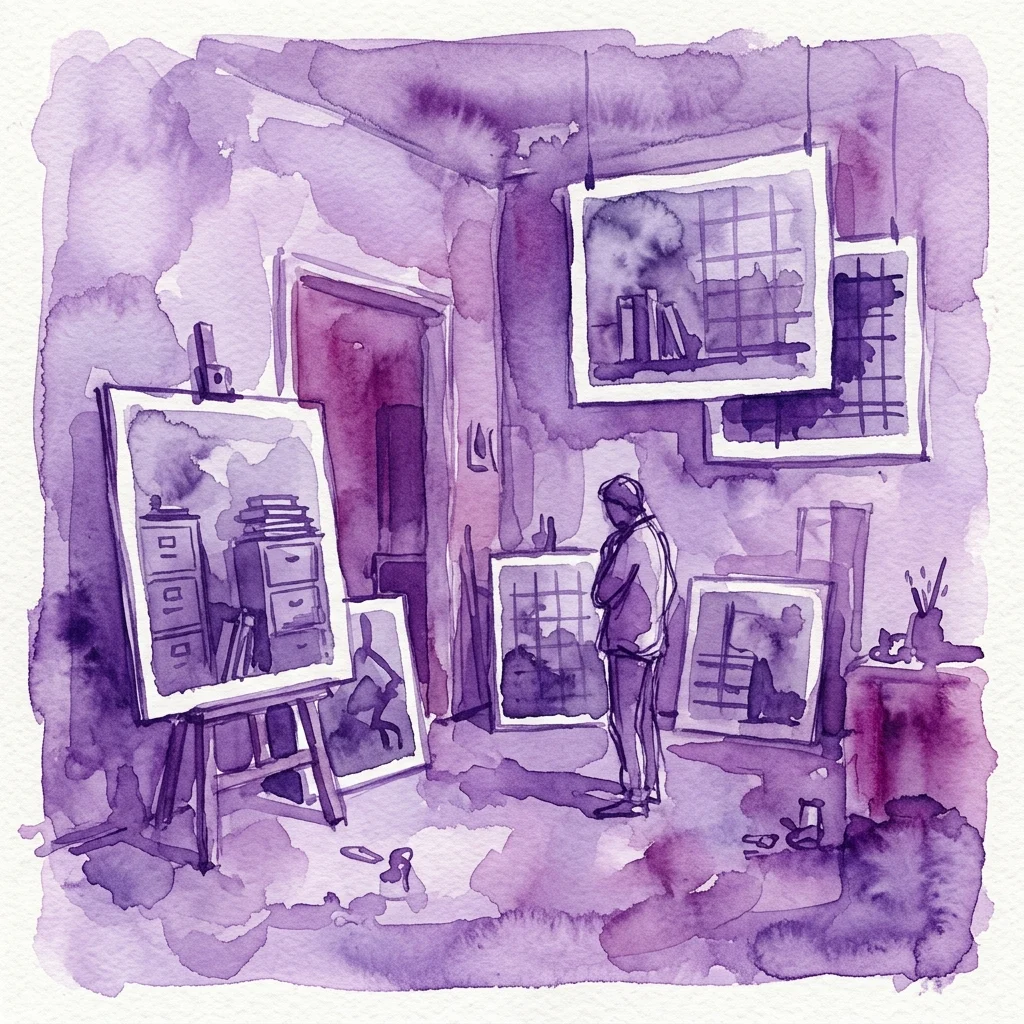 A watercolor illustration of an artist's studio with large-format photographs on display, depicting themes of classification and systems of control, rendered in a somber purple palette.