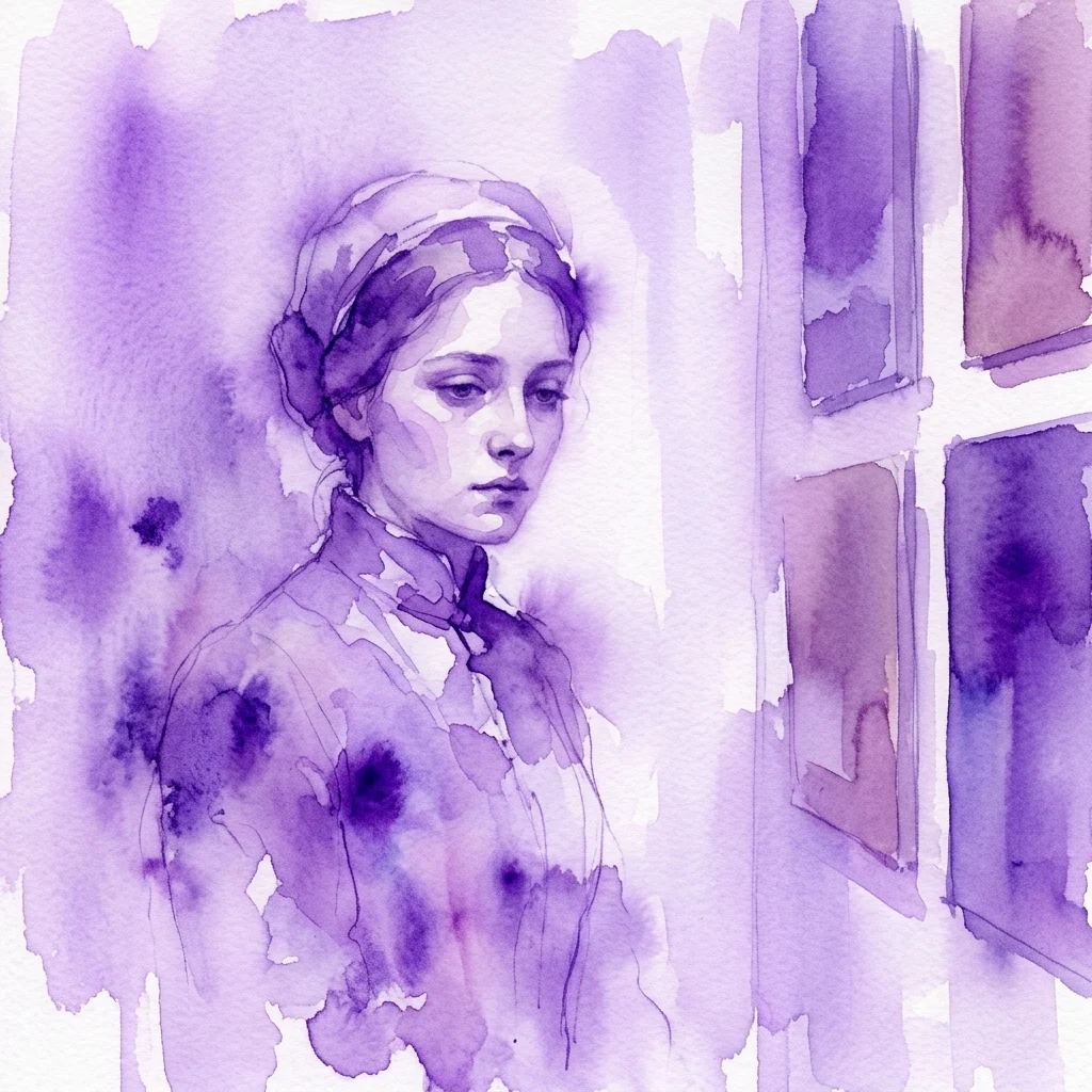 Un retrato en acuarela en tonos púrpuras que representa a una mujer con atuendo histórico, parte de la exposición 'Bez koní' de Tomáš Císařovský en la Galería Rudolfinum.