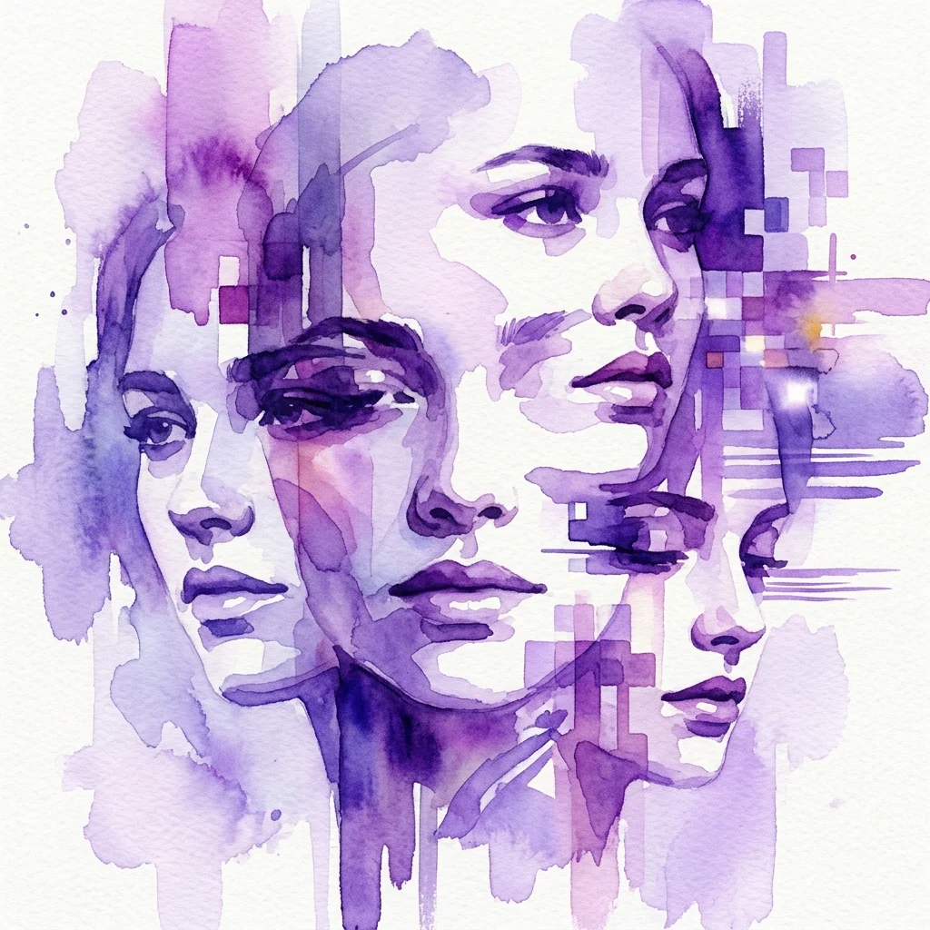 Grafika w stylu akwareli przedstawiająca nakładające się, fragmentaryczne twarze w odcieniach fioletu i bieli, reprezentująca tematy tożsamości i emocji w wideokunst.