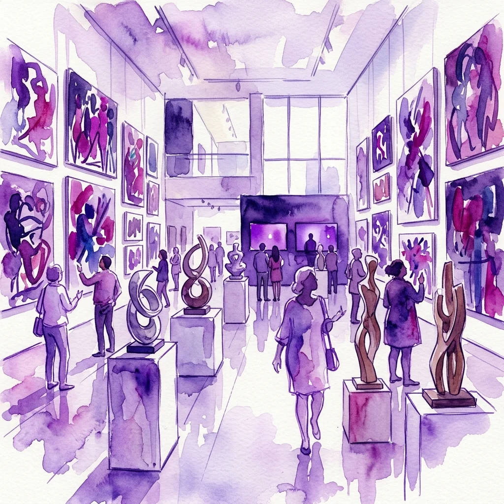 Watercolor illustration of a modern art gallery with visitors viewing contemporary artworks, including paintings and sculptures, under purple lighting.