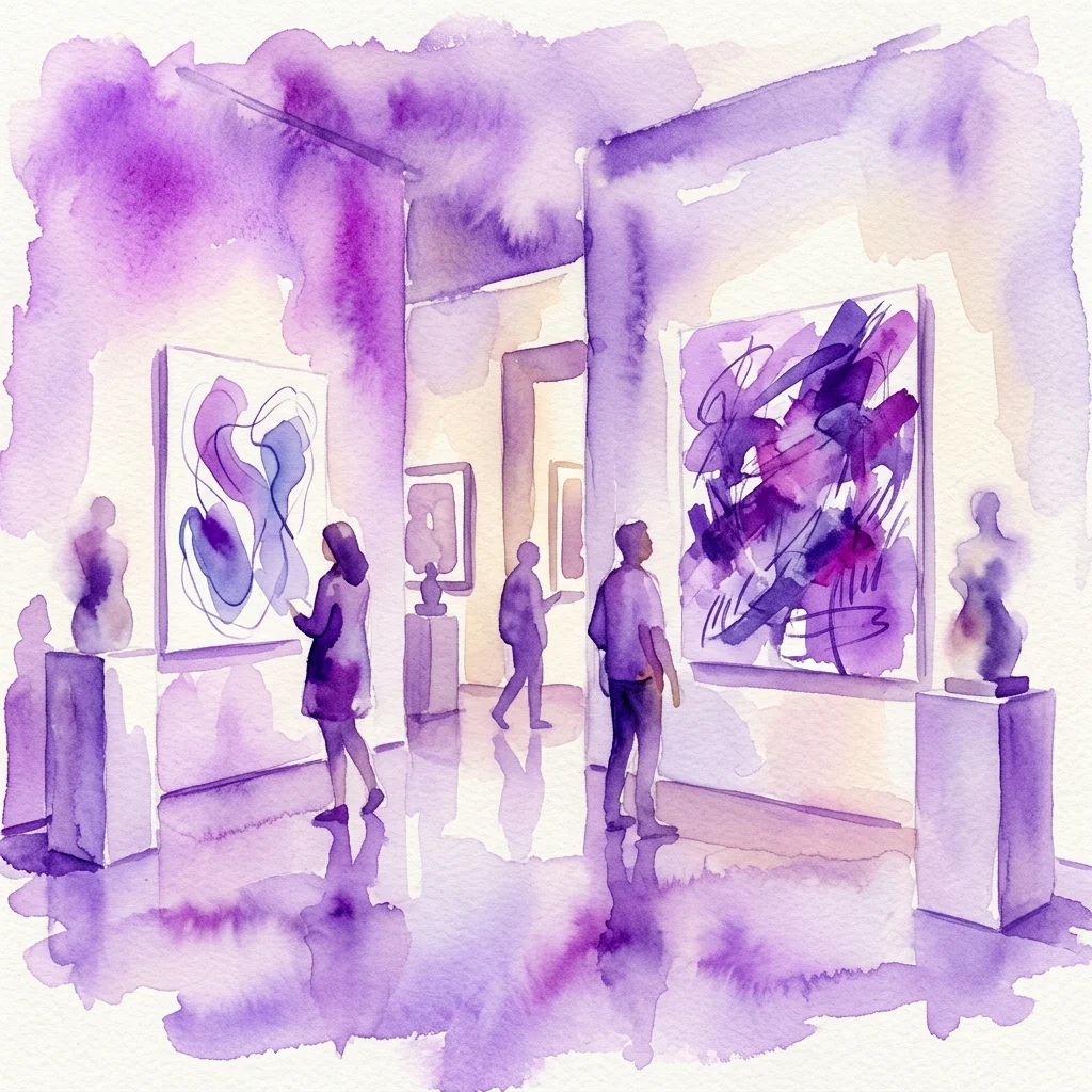 Waterverfillustratie van een kunstgalerie met bezoekers die abstracte schilderijen en sculpturen bekijken, met een paars en lavendel kleurenpalet.