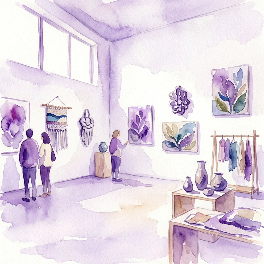 Waterverfillustratie van het interieur van de UNPLUGGED kunstexpositie, met natuurlijk daglicht, handgemaakte kunstwerken en bezoekers die zich bezighouden met natuur-geïnspireerde stukken in een minimalistische, milieubewuste ruimte.