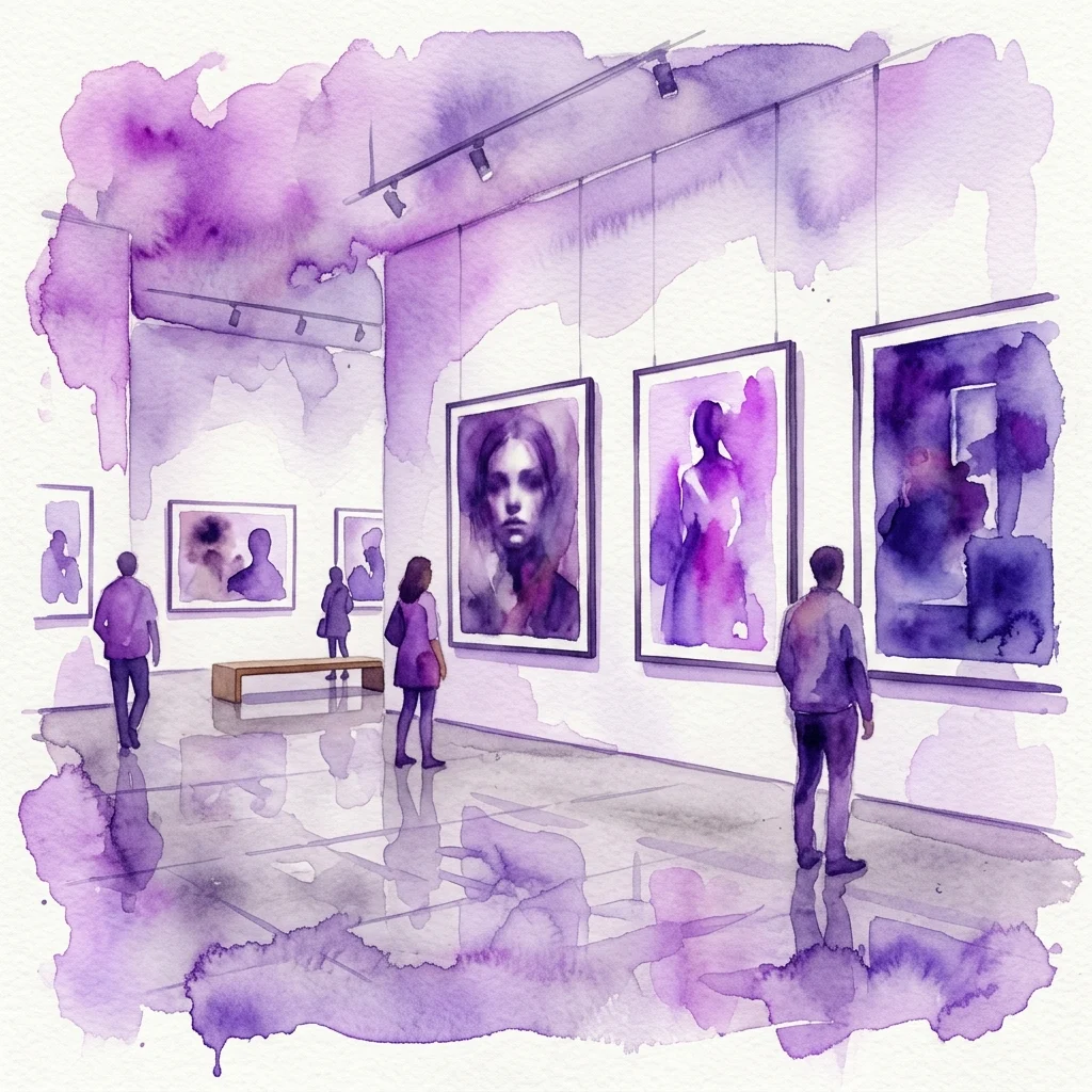Watercolor illustration of an art gallery with visitors viewing large framed portraits on white walls, rendered in purple hues with a minimalist aesthetic.