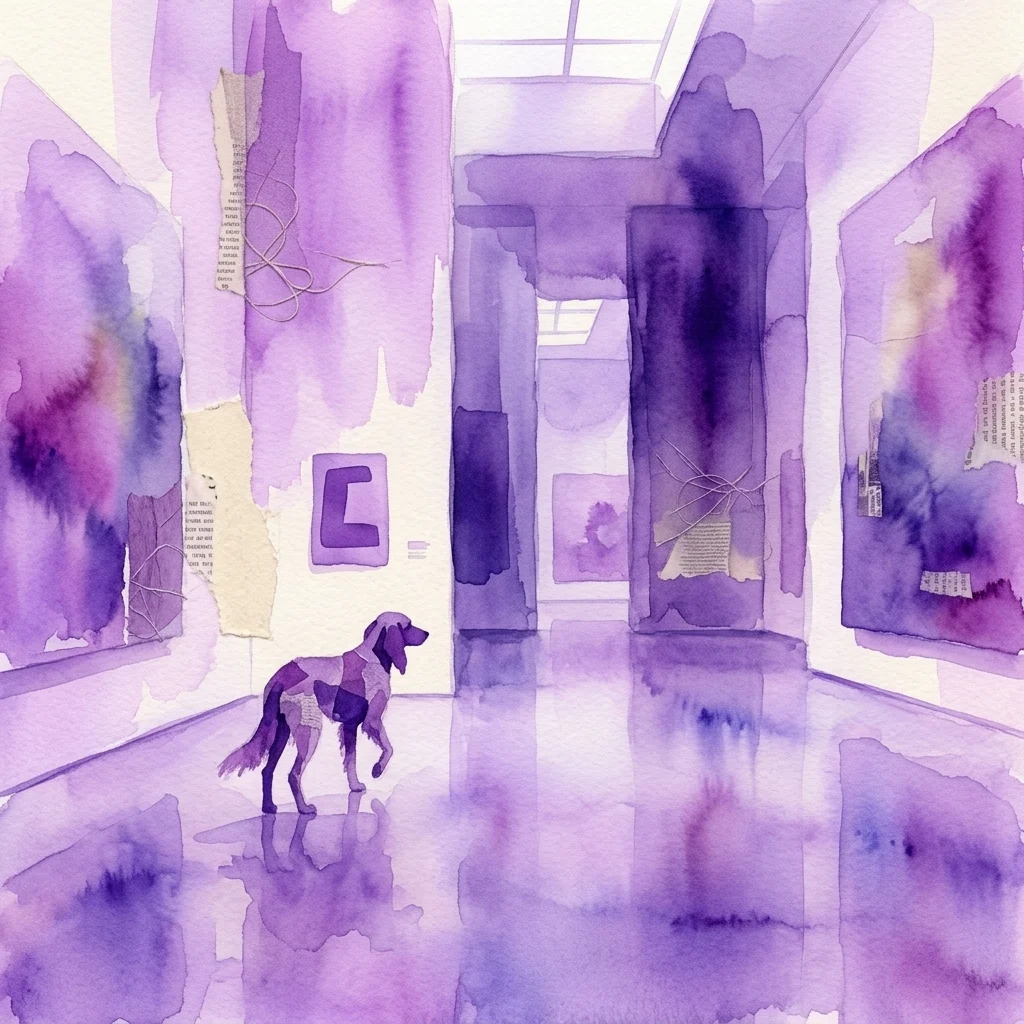 Een mixed-media kunstwerk dat een eenzame hond afbeeldt die door een paars getinte galerie loopt met abstracte schilderijen en collage-elementen aan de muren.