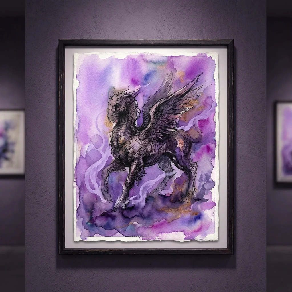 A framed artwork depicting a winged, horse-like creature in dark hatching against a vibrant purple and blue watercolor background, displayed in a gallery setting.