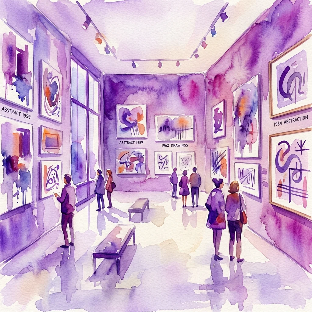 Ilustración en acuarela de una exposición en una galería de arte que presenta pinturas y dibujos abstractos de Zbyšek Sion de 1958 a 1966, con visitantes contemplando las obras de arte en un espacio teñido de púrpura.