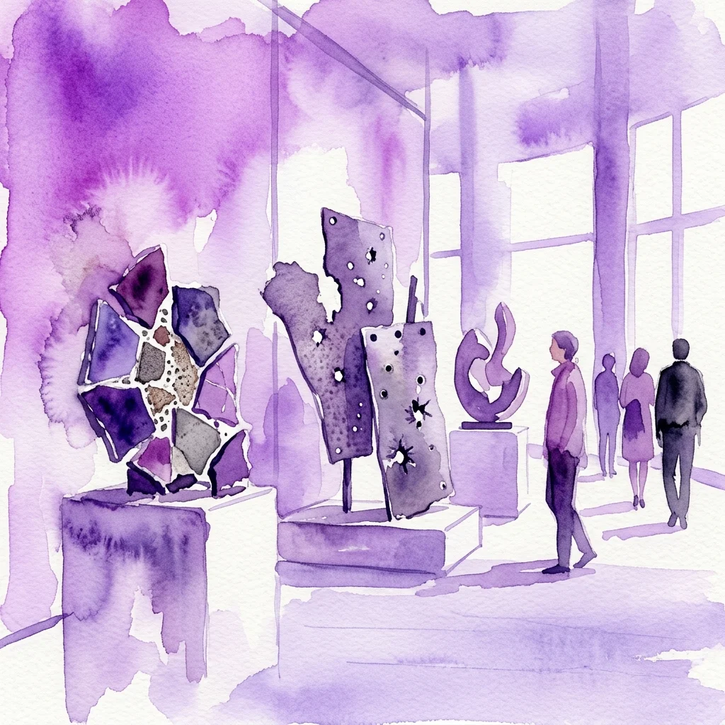 Watercolor illustration of Zhanna Kadyrova's art exhibition featuring installations made from broken tiles and shrapnel-perforated metal, with visitors observing the somber yet resilient artworks in a gallery space.