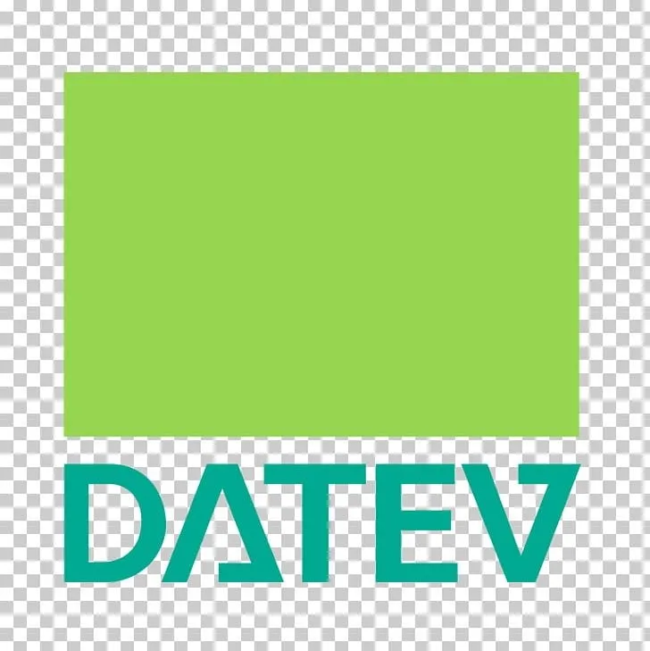 rectángulo verde con texto verde azulado DATEV debajo sobre un fondo transparente