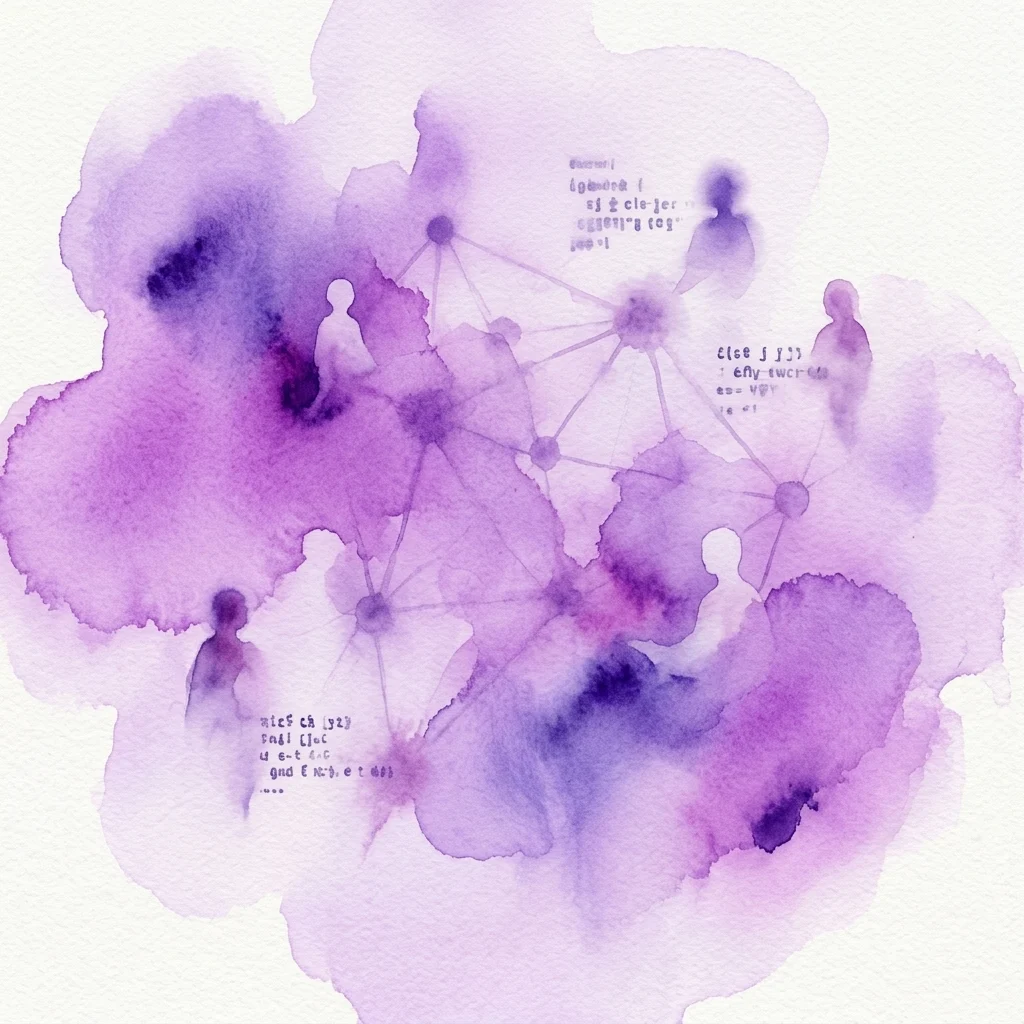 Abstract digital art installation in purple watercolor with network connections and human silhouettes, representing data control and personal sovereignty themes from the exhibition DATAS: The Data and the Sovereign.