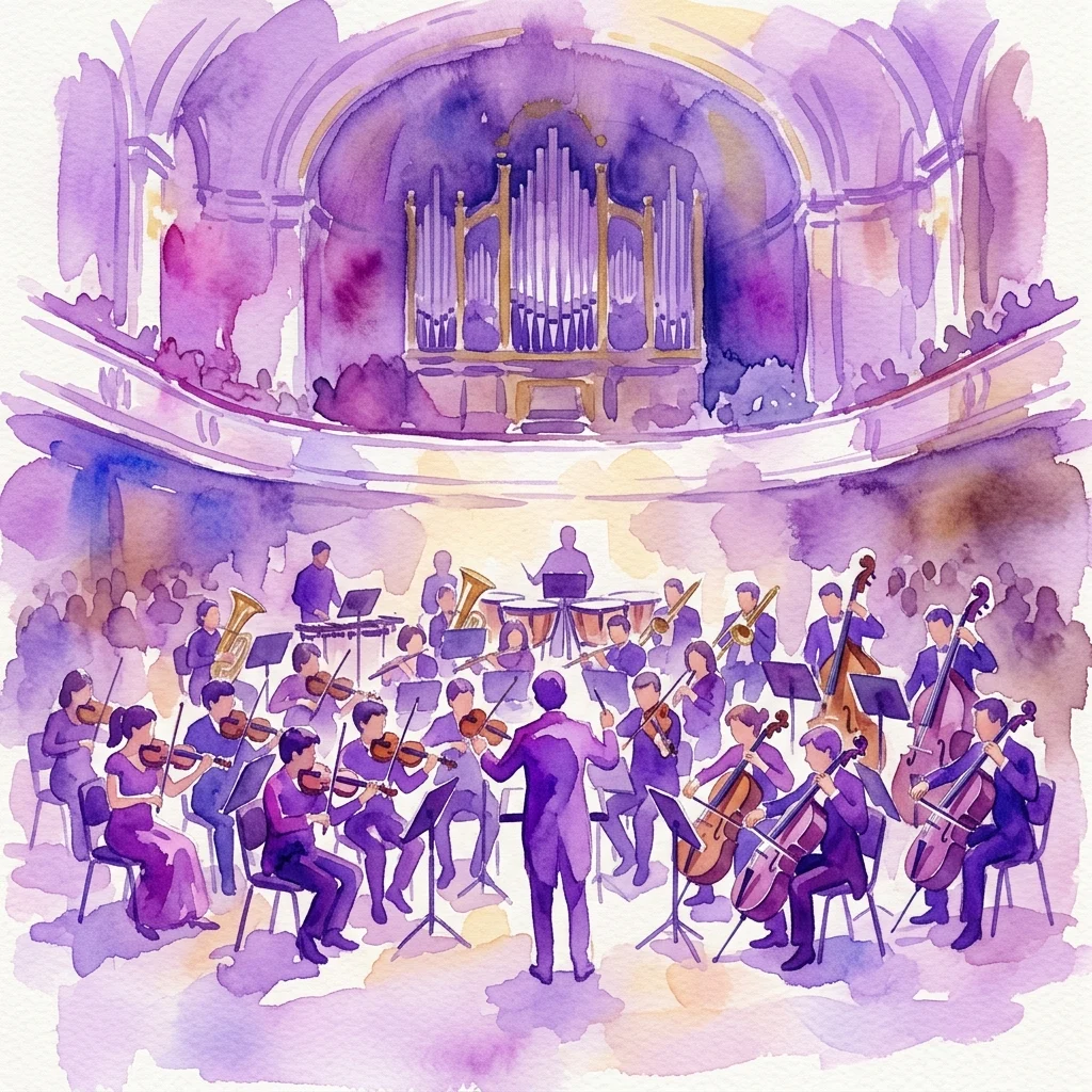 A watercolor illustration of the Joint Orchestra of Music School Pupils and the Czech Philharmonic performing in the Dvořák Hall of the Rudolfinum, with a conductor leading musicians under warm stage lighting.