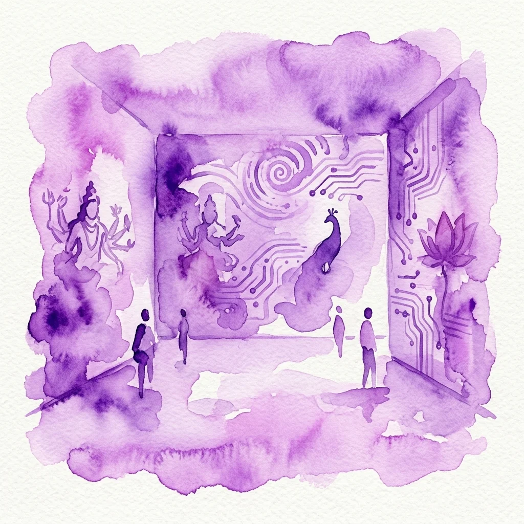 A purple watercolor illustration of Sahej Rahal's exhibition 'Beyond the City of Time,' featuring ancient Indian deities, circuit board patterns, and visitors in a gallery space.