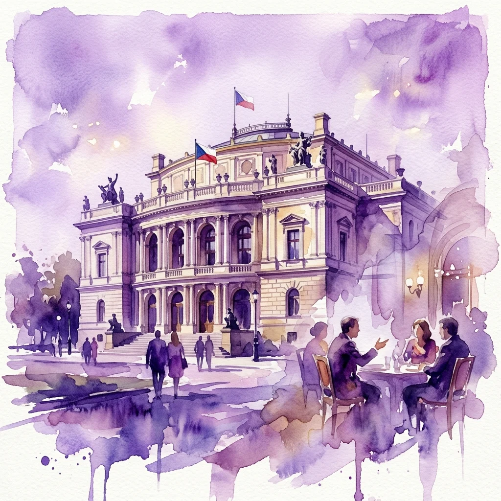 Watercolor illustration of the Rudolfinum building in Prague, featuring its classical architecture, Czech flag, and people gathered in the Talich Lounge with a view of Prague Castle.