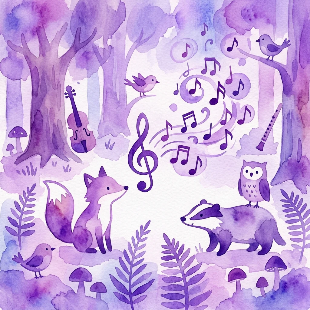 A whimsical purple watercolor illustration of a forest scene with a fox, badger, owl, birds, musical notes, a treble clef, and a violin, representing the children's opera workshop 'The Clever Fox Leoš' inspired by Leoš Janáček's 'The Cunning Little Vixen'.