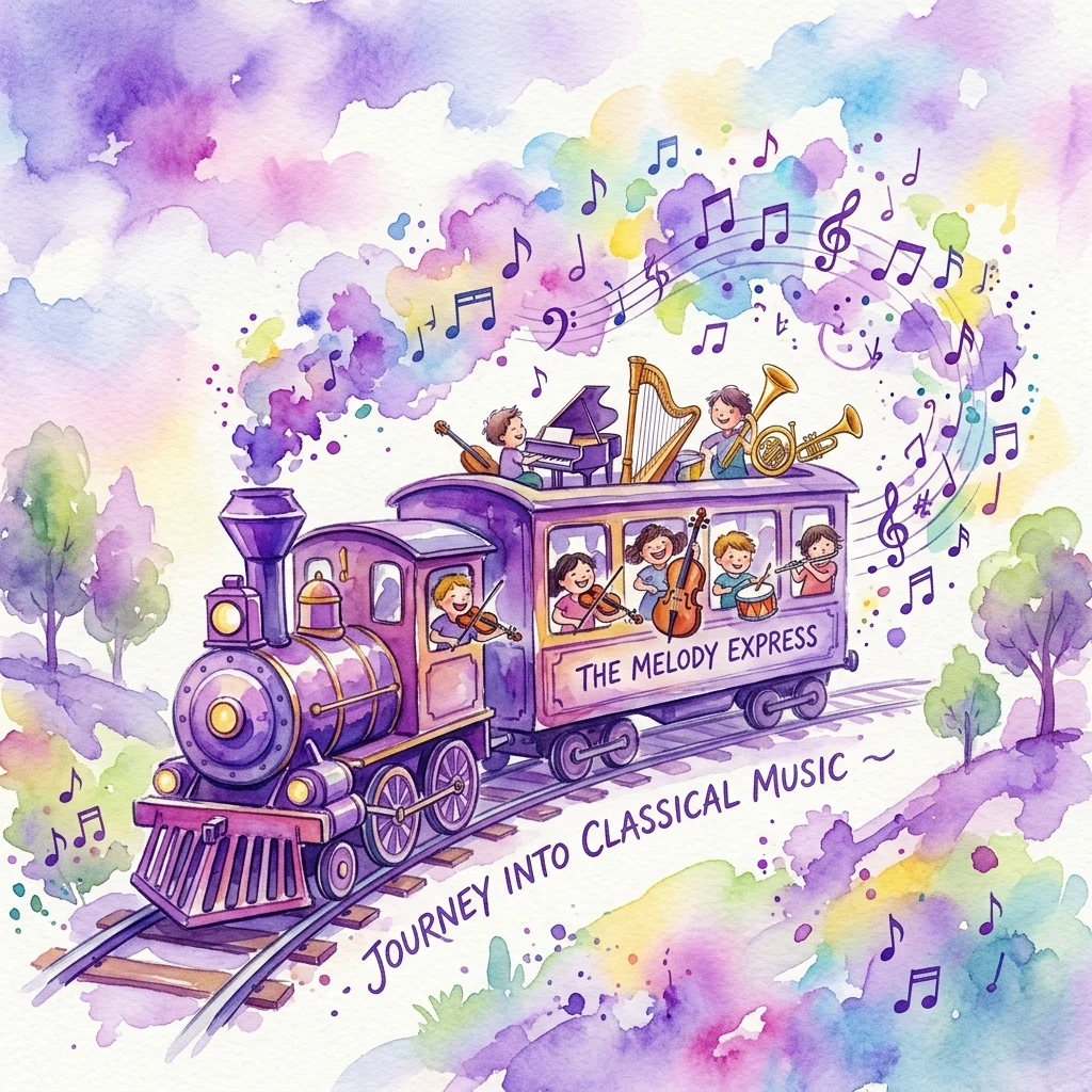 A whimsical watercolor illustration of a purple train labeled 'The Melody Express' carrying children playing musical instruments, with musical notes floating in a colorful sky.