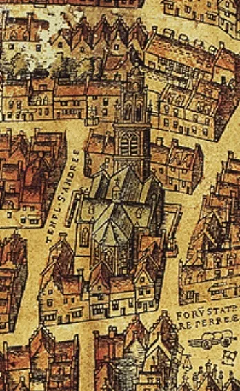Ilustración histórica a vista de pájaro de 1565 que muestra la torre de la iglesia de San Andrés y los edificios circundantes en Amberes.