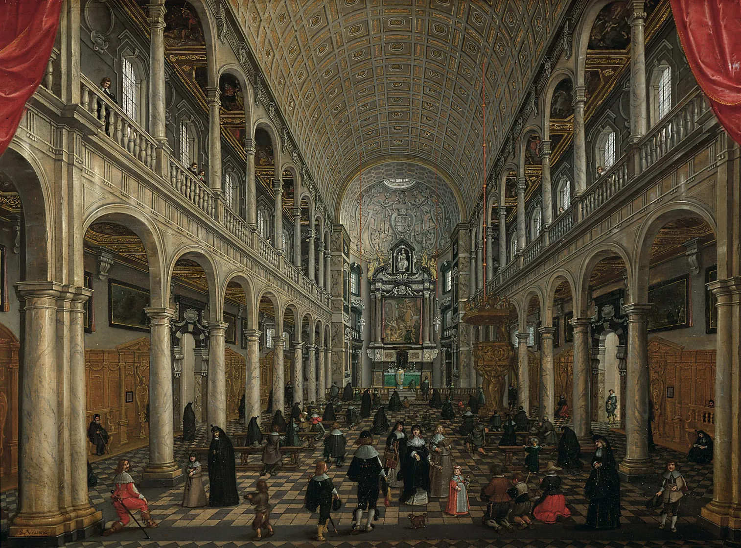 Historisch schilderij dat het grote middenschip van de Sint-Carolus Borromeuskerk weergeeft met zuilen, booggalerijen, een gewelfd plafond en kerkgangers in historische klederdracht