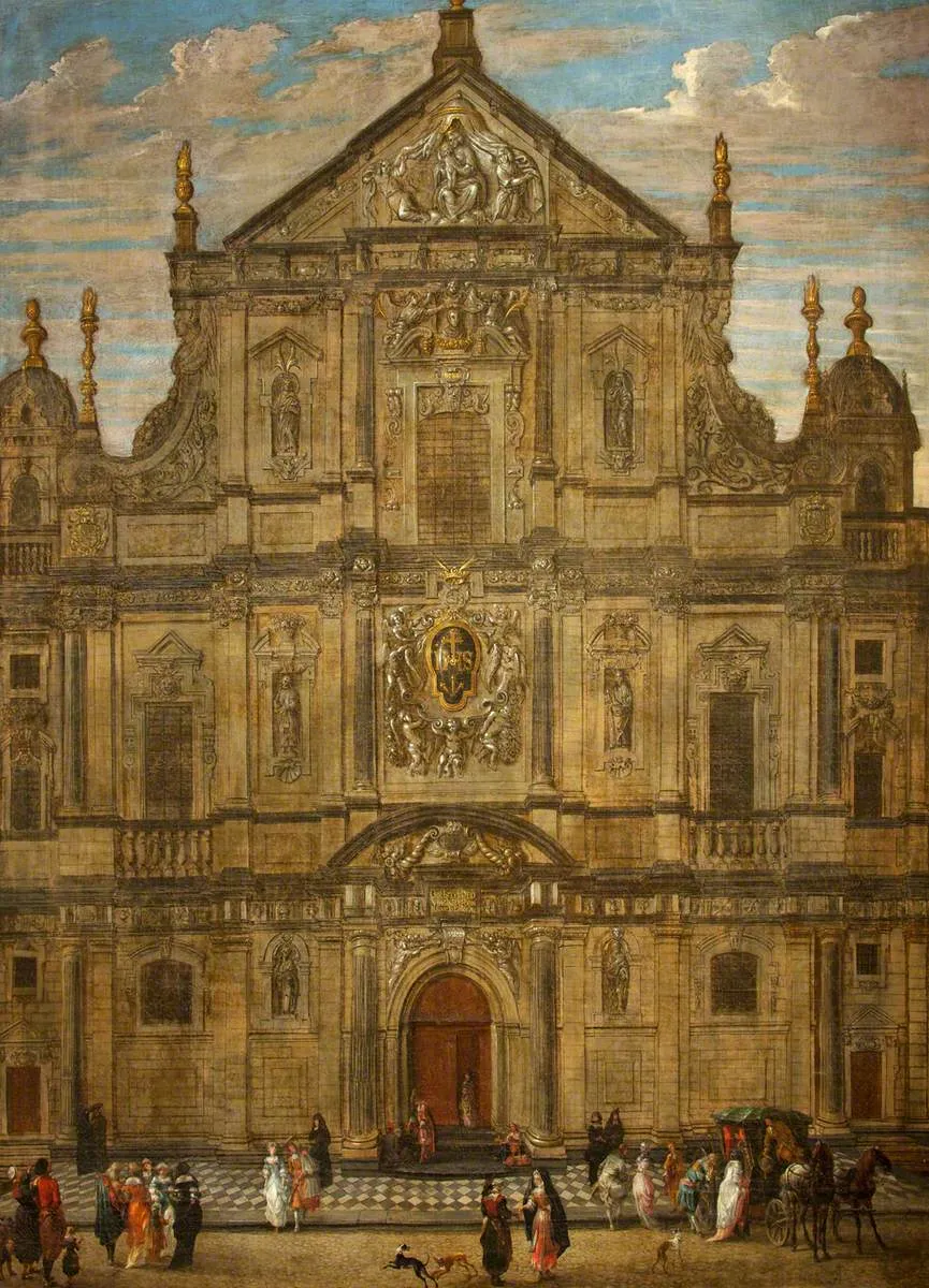 Historisch schilderij van de uitbundige barokgevel van de Jezuïetenkerk in Antwerpen, met figuren in klederdracht verzameld op het plein voor de ingang.