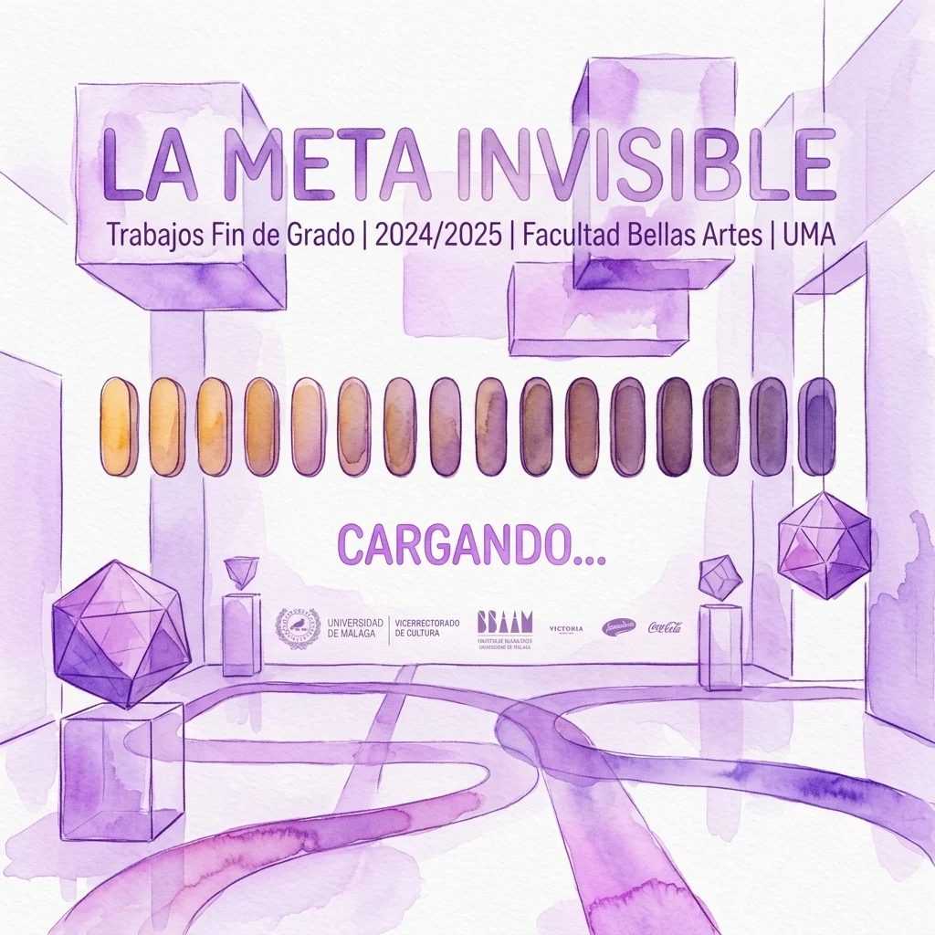 Ilustración en acuarela de un espacio de galería conceptual con formas geométricas moradas flotantes y caminos sinuosos para la exposición La Meta Invisible en UMA.