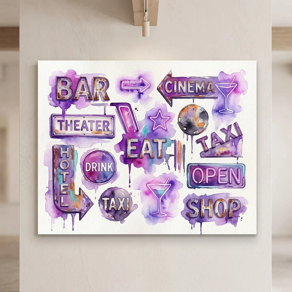 Acuarela expuesta en la pared de una galería que muestra rótulos de tiendas vintage estilizados, incluyendo Bar, Cinema, Theater, Hotel, Taxi y Shop, representados con tonos lavados en rosa y púrpura.