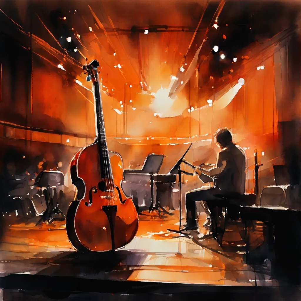 Atmospheric view of a concert stage at Salurinn Concert Hall featuring warm lighting and musical equipment.