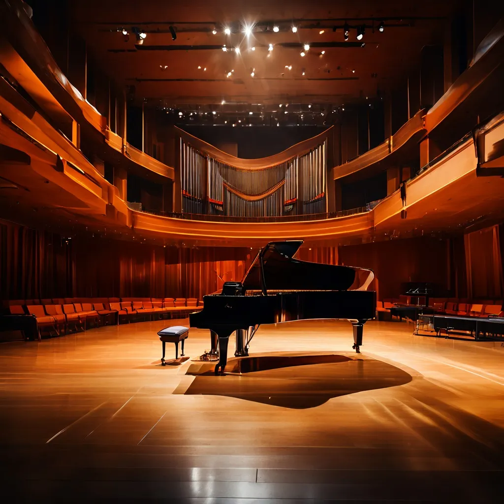El escenario interior del Salurinn Concert Hall preparado para un concierto de música clásica.