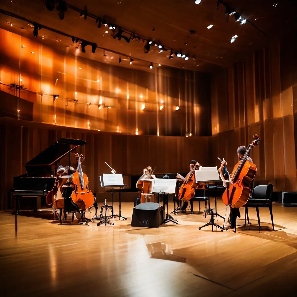 A detailed look at sheet music and musical instruments in the professional setting of Salurinn Concert Hall.