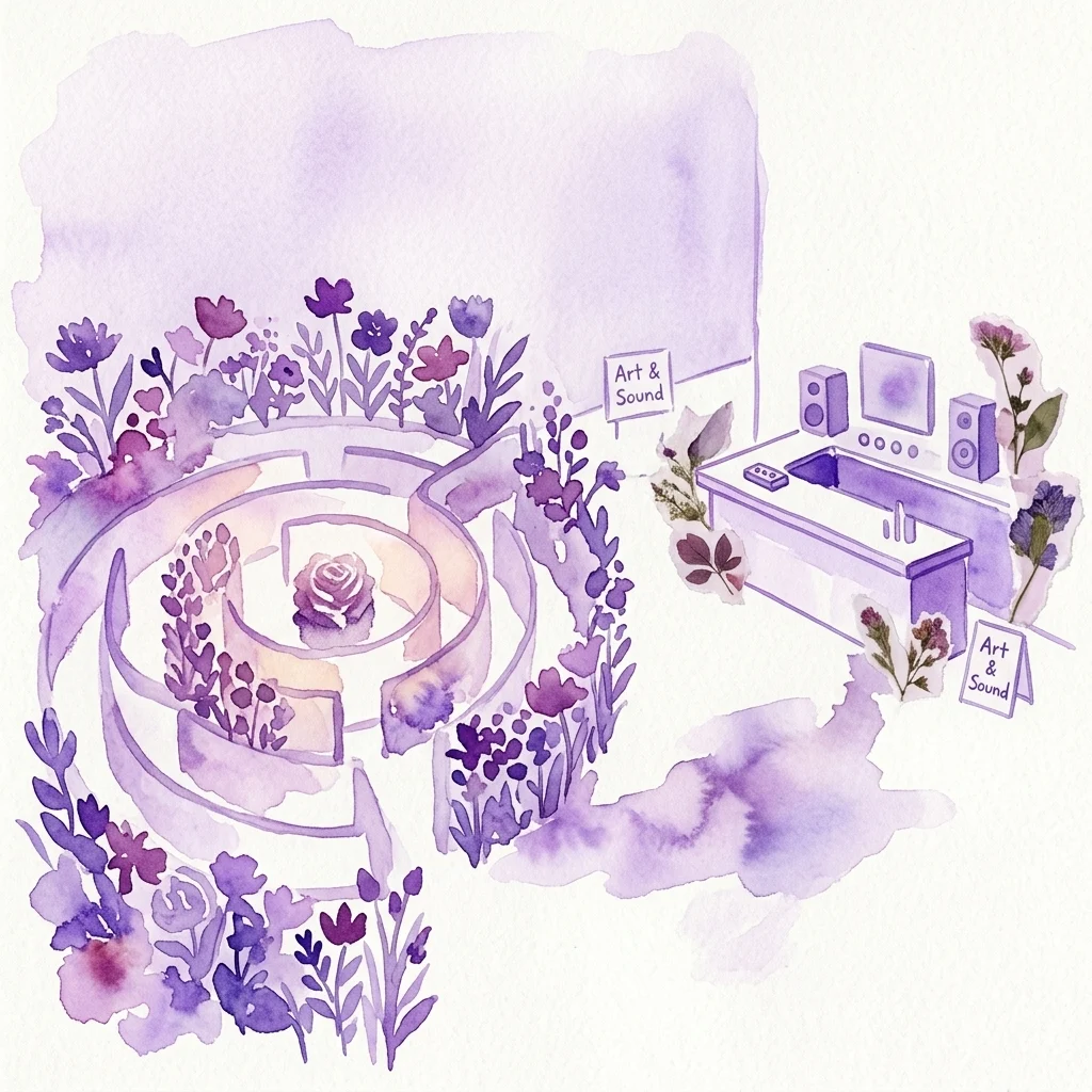 Watercolor illustration of the 'A Flower in My Mouth' exhibition, featuring a floral maze with a central rose and an 'Art & Sound' audio-visual station.